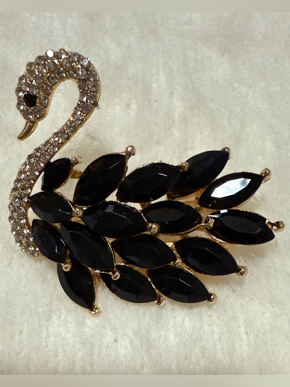 Gold Swan Brooch with Black Crystal Feathers Elegant Designer Style